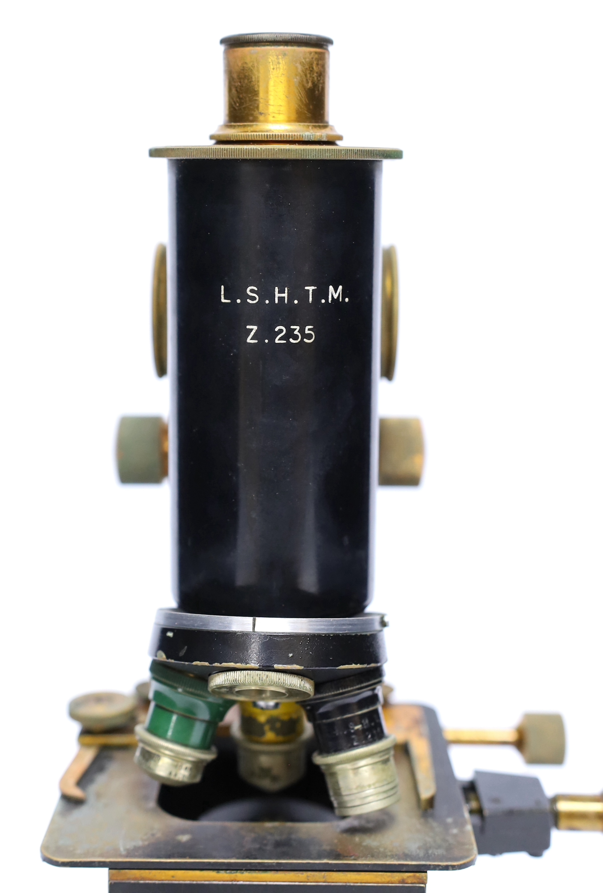 An R and J Beck Ltd monocular brass microscope, in wooden case, marked for the London School of Hygiene and Tropical Medicine (Z.235), case 36.5cm high